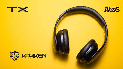 headphones on a yellow blackground woth KRAKEN Atos and TX logos